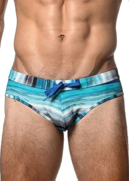 Blue and white watercolor stripe printed swim brief with matching blue drawstring and comfortable fabric for swimming