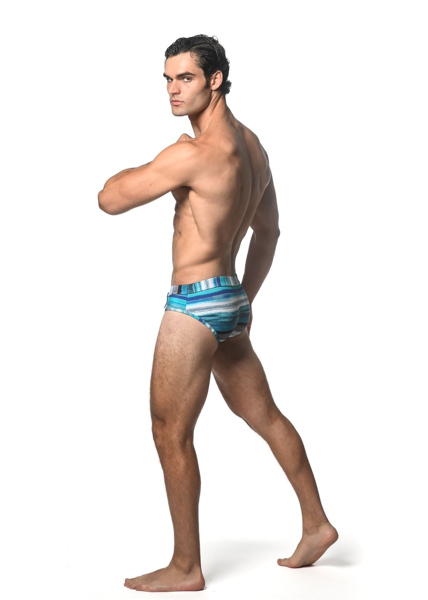 Blue and white striped watercolor stripe printed swim brief designed for swimming and beachwear