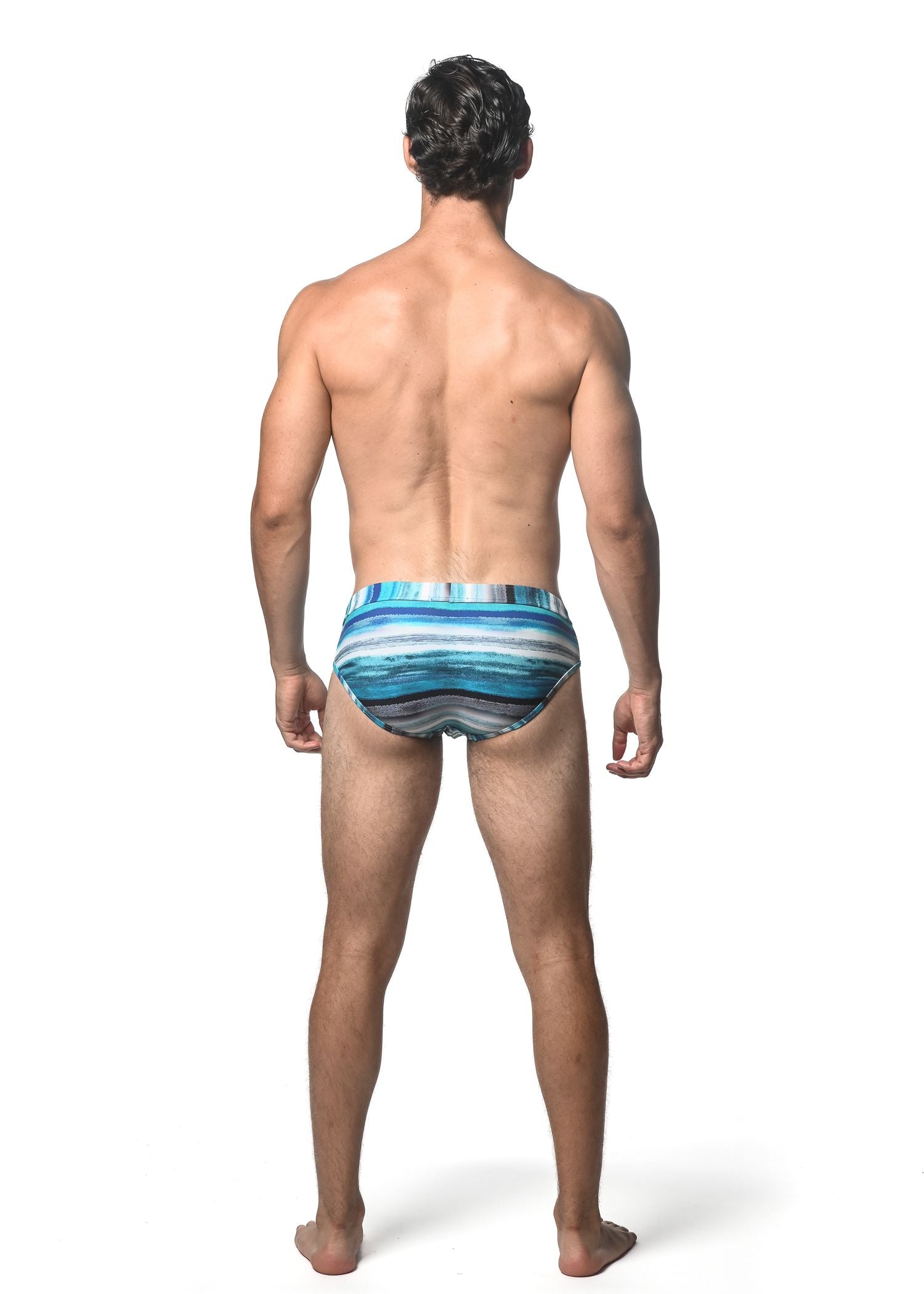 Blue and white striped swim brief with a modern abstract watercolor pattern perfect for swimming and beachwear
