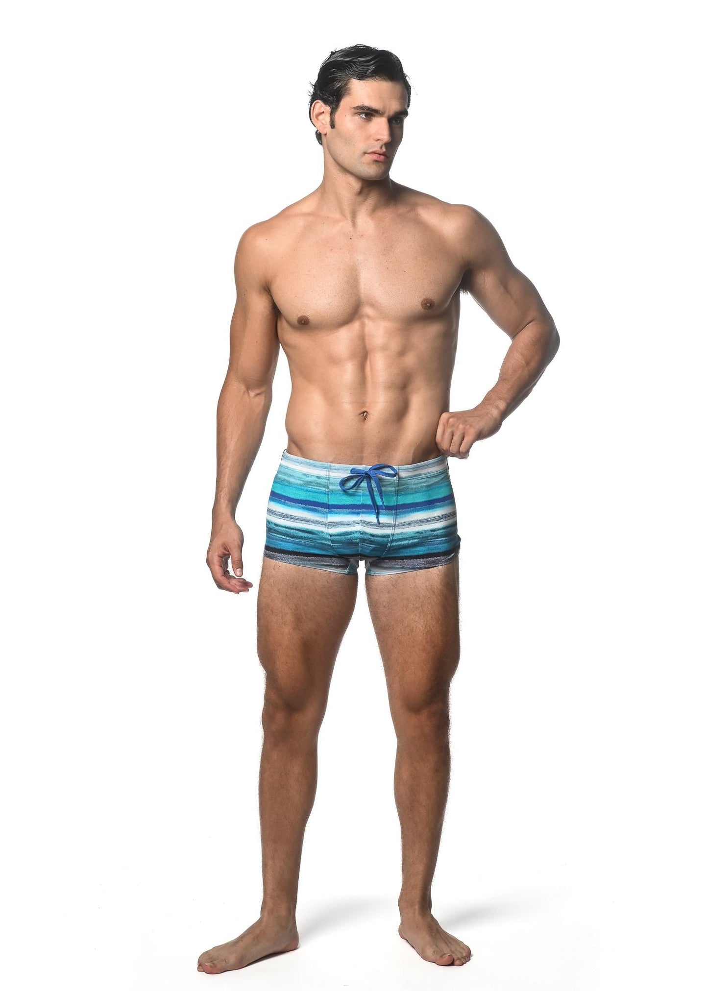 Blue and white striped watercolor stripe printed swim trunk with matching drawstring for casual beachwear