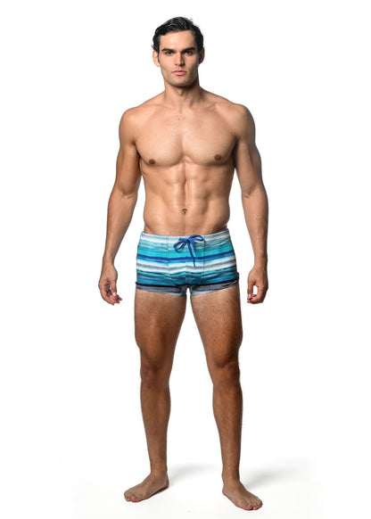 Men’s watercolor stripe printed swim trunk with horizontal blue and white stripes and a matching blue drawstring