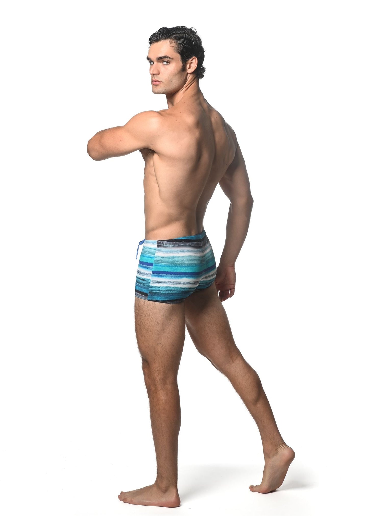 Blue and white striped watercolor stripe printed swim trunk with modern athletic cut for water sports and beachwear