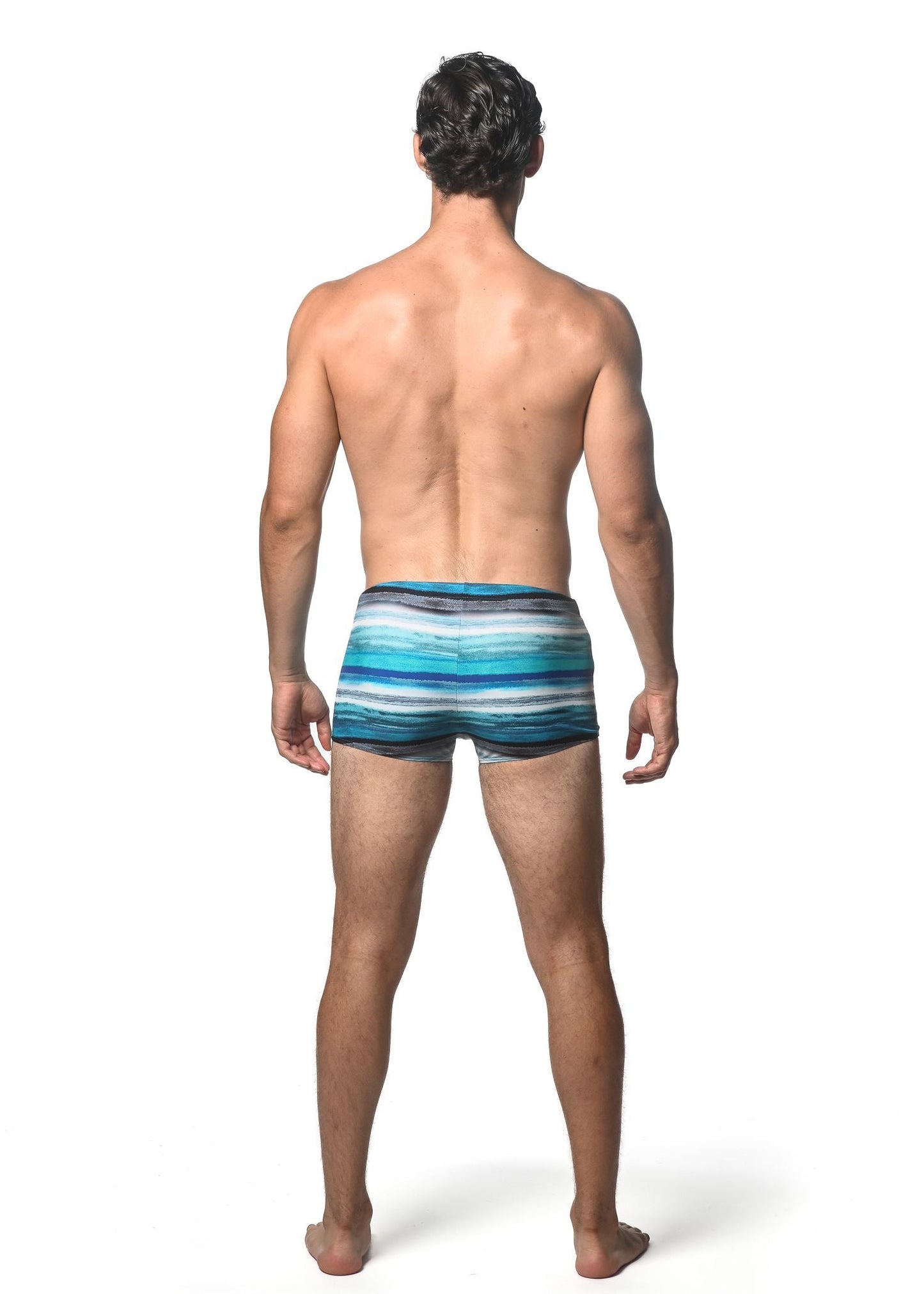 Men’s watercolor stripe printed swim trunk with horizontal blue gray and white stripes for swimming and beachwear
