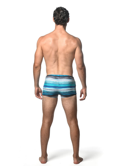 Men’s watercolor stripe printed swim trunk with horizontal blue gray and white stripes for swimming and beachwear