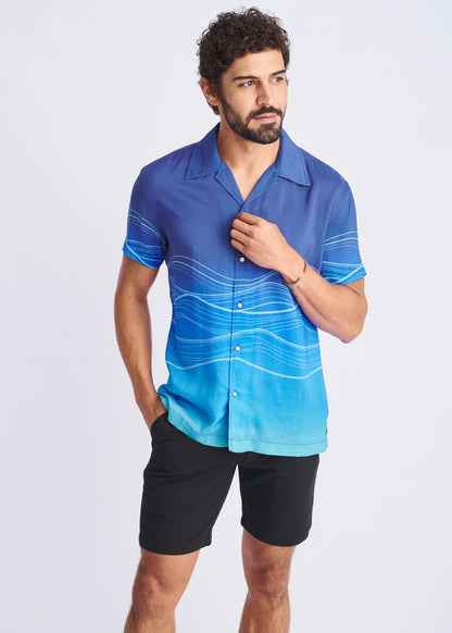 Blue gradient short-sleeved modal shirt with white wavy line pattern waves border print s slash s modal shirt