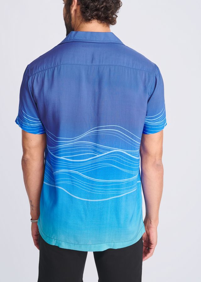 Blue gradient short-sleeved modal shirt with white wavy line pattern waves border print s s modal shirt