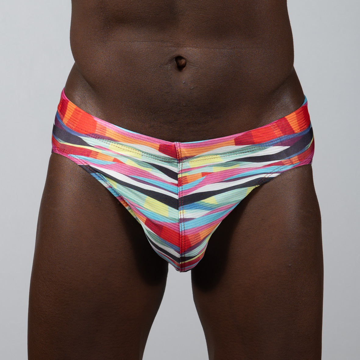 Waves print brief vibrant abstract-striped men’s briefs in red orange pink yellow blue and black colors