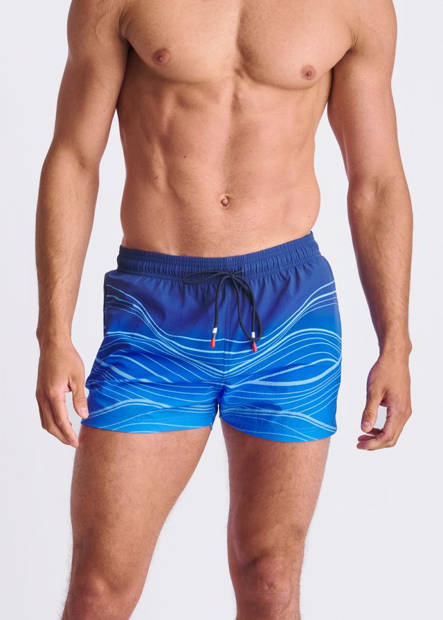 Blue waves print swim shorts with white wavy patterns black drawstring ties and mesh lining for swimming
