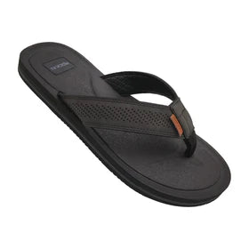 Black WHARF sandal rubber flip-flop with perforated strap and tan leather accent