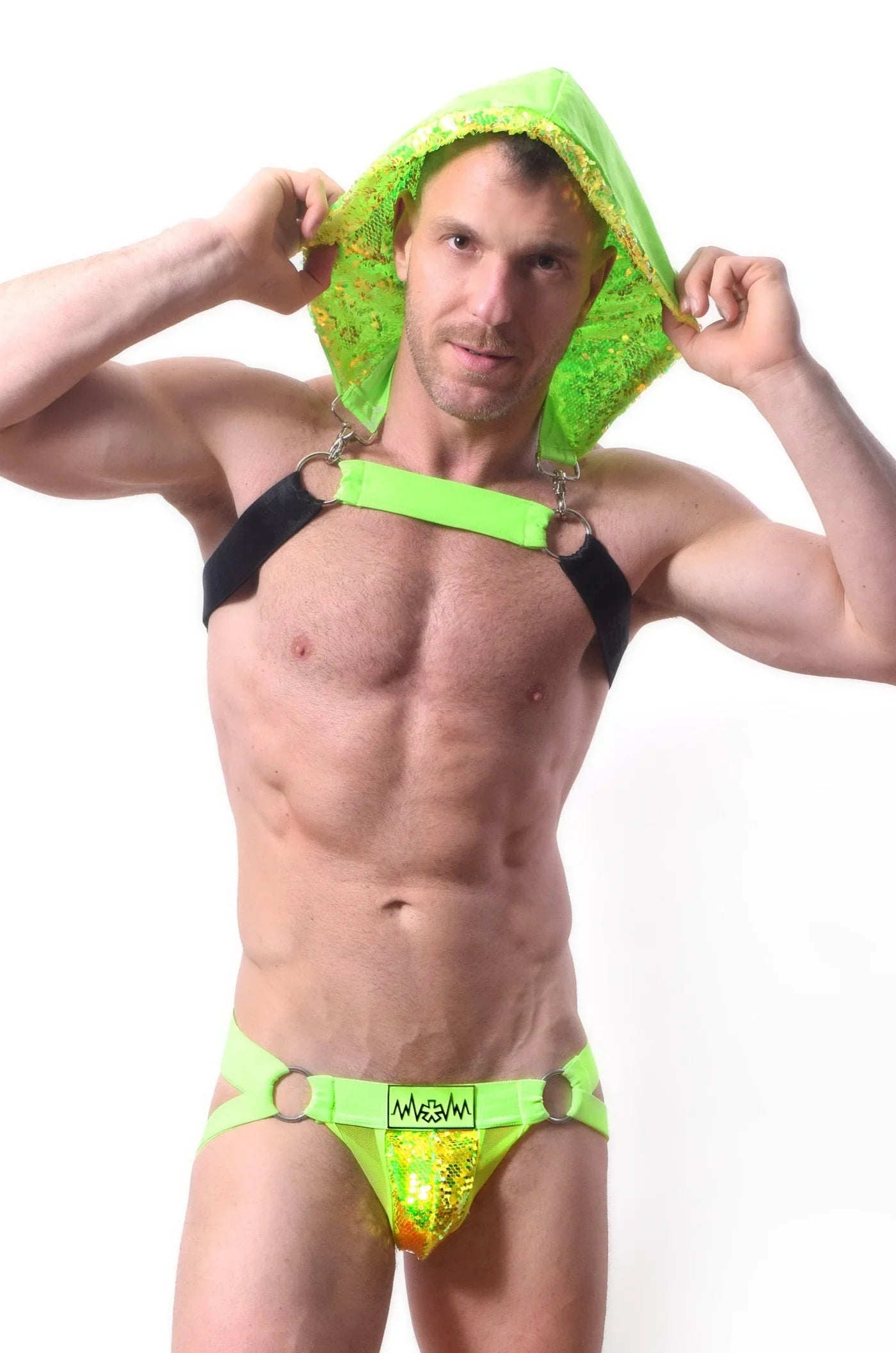 Neon green sequined hood harness set with black straps and metallic rings in whoreness sequin hood harness design