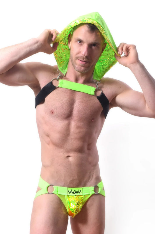 Neon green sequined hood harness set with black straps and metallic rings in whoreness sequin hood harness design