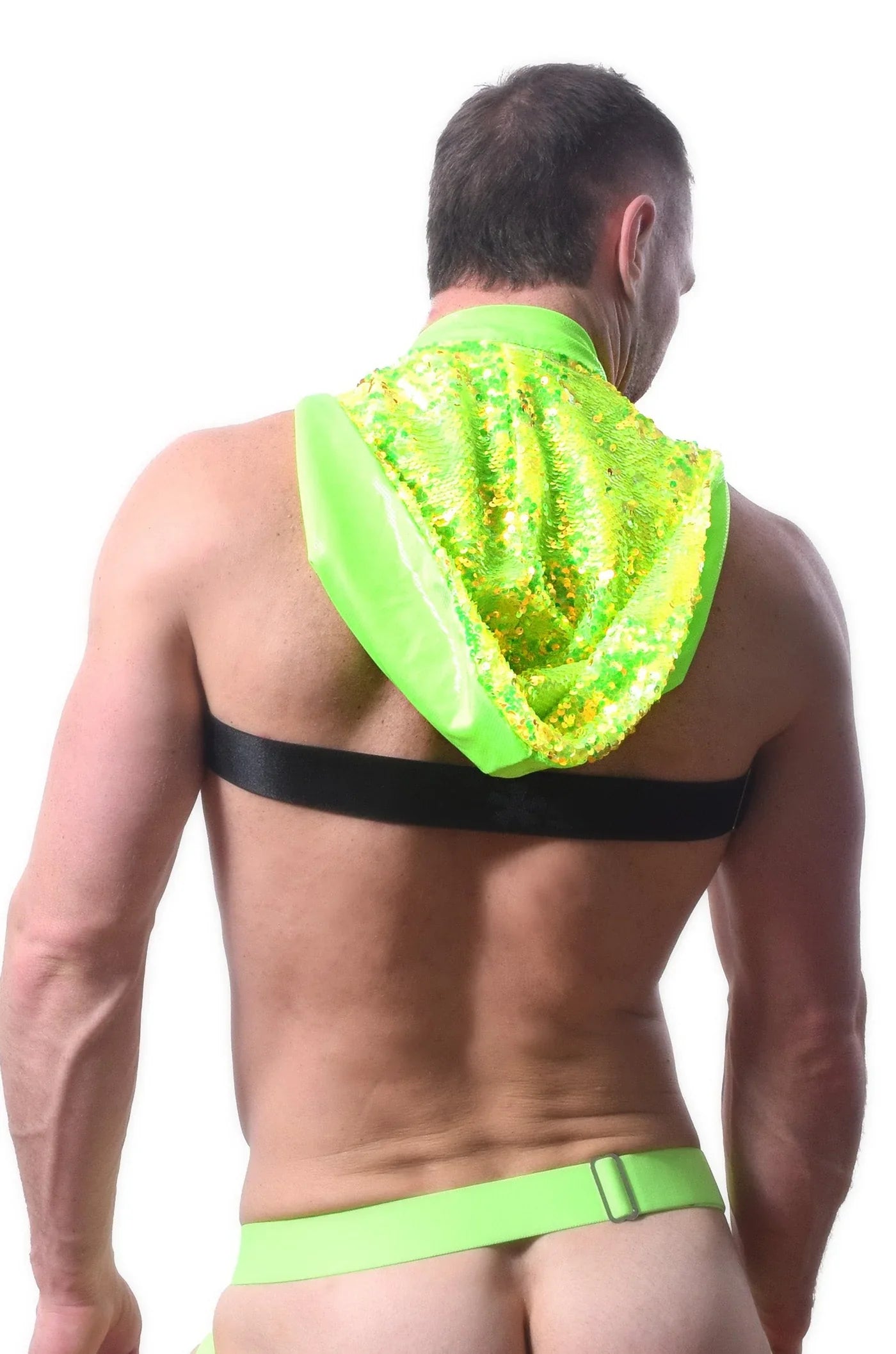Back view of neon green sequined whoreness sequin hood harness hoodie with black strap across the back