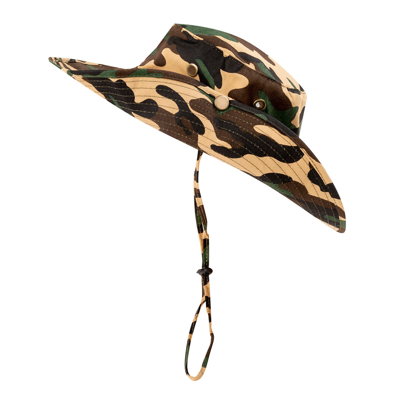 Wide brim camo boonie bucket hat in tan green and black camouflage with adjustable chin strap for outdoor use