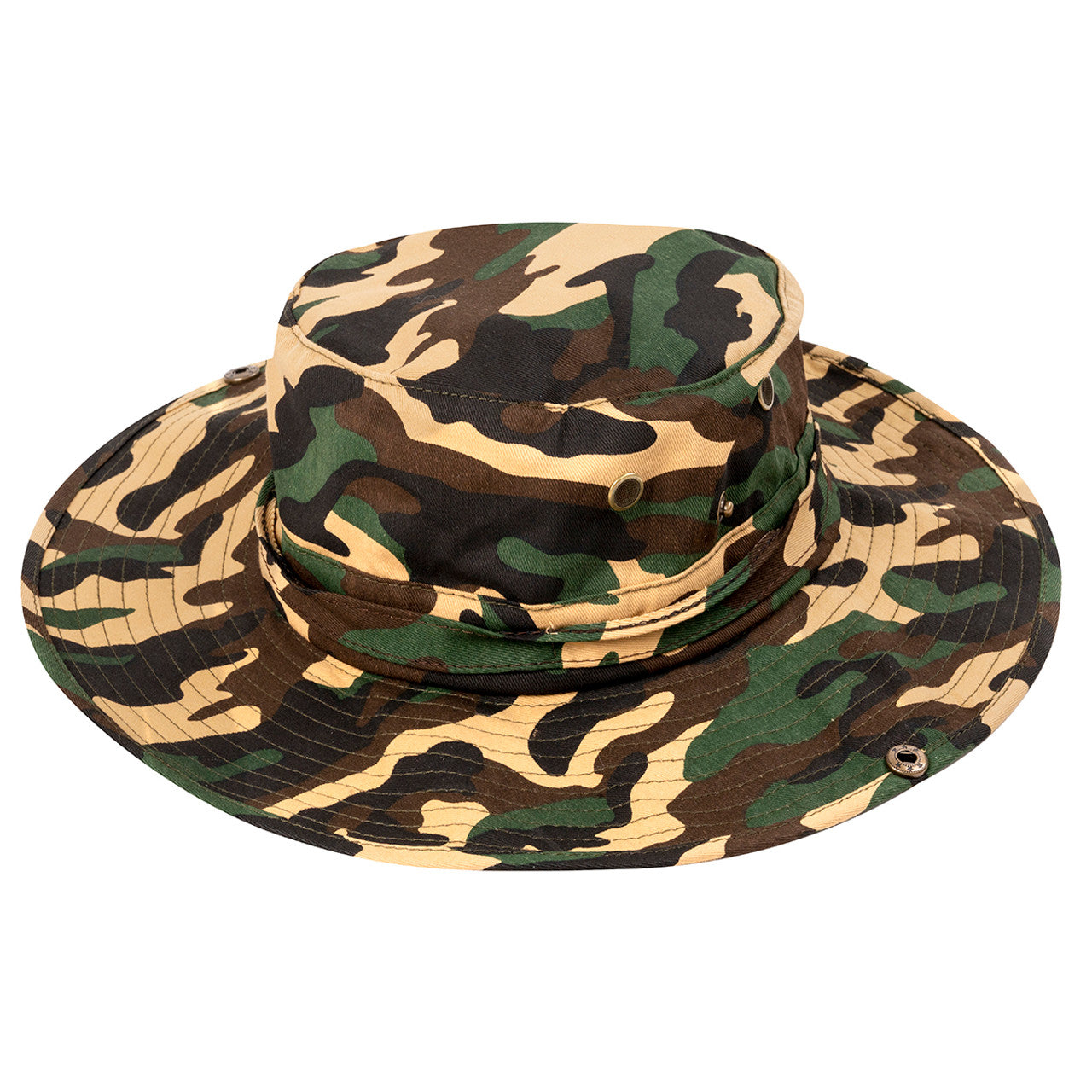 Wide brim camo boonie hat in green brown and tan camouflage pattern for outdoor use