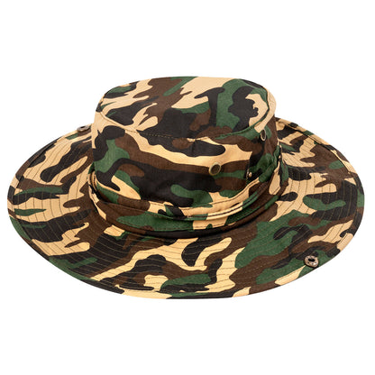 Wide brim camo boonie hat in green brown and tan camouflage pattern for outdoor use