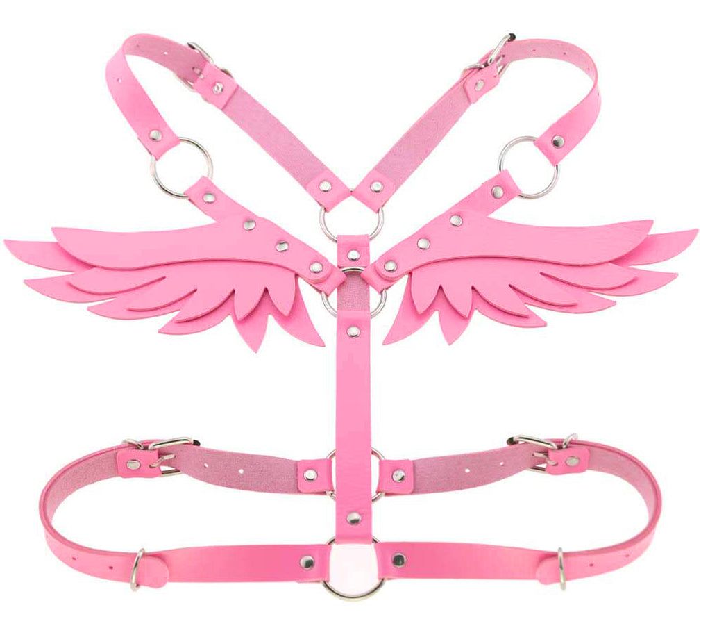 Pink leather angel wing harness with silver toned metal hardware showing the back side of the wings harness
