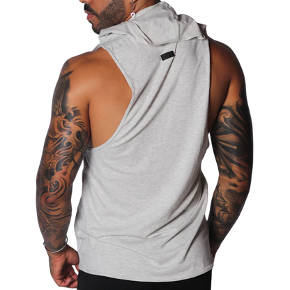 Light gray marl sleeveless hooded tank top with raw-cut wide armholes and a small black logo tab on the back neck.