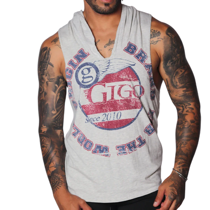 Light gray heathered sleeveless hoodie with a vintage-style red, white, and blue Gigo Wings circular graphic print.