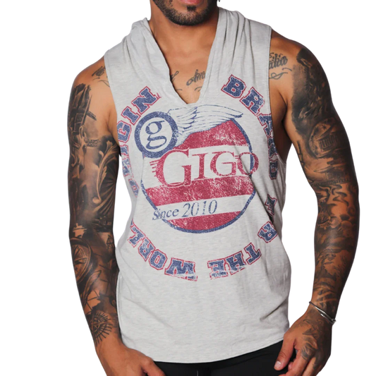 Light gray heathered sleeveless hoodie with a vintage-style red, white, and blue Gigo Wings circular graphic print.