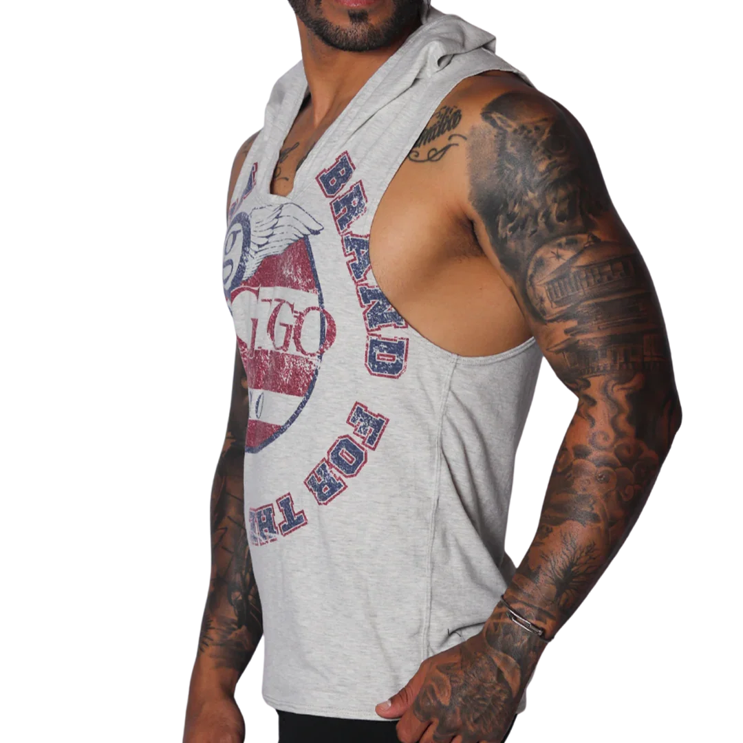 Light gray sleeveless hoodie t-shirt with a vintage-style red and blue "Gigo" wing graphic on the chest.