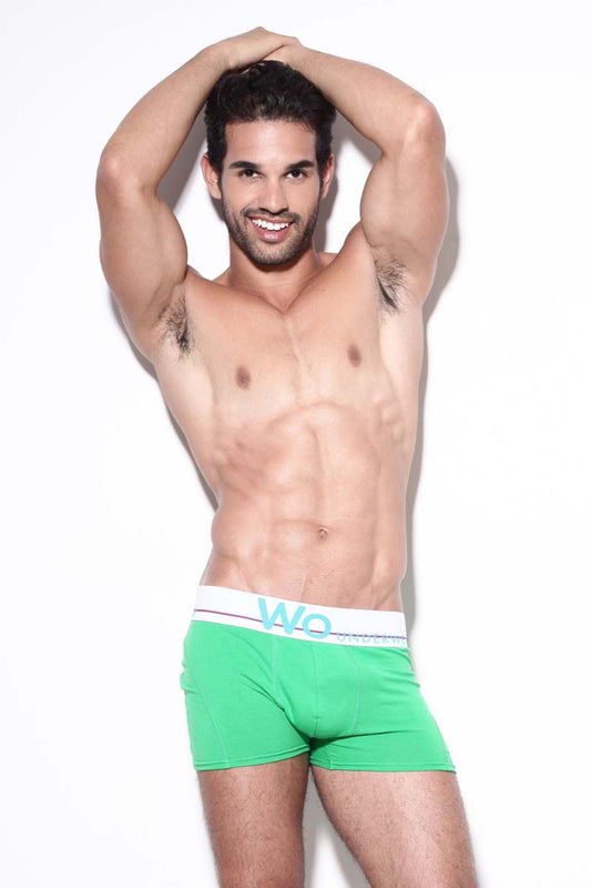 Bright green wo underwear solid boxer briefs with white waistband and light blue wo logo in size xl