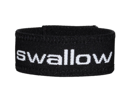 Black elastic cock ring with the word "swallow" embroidered in white text on the front.