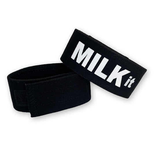 Two black elastic cock rings with white "MILK it" text and adjustable velcro closures on a white background.