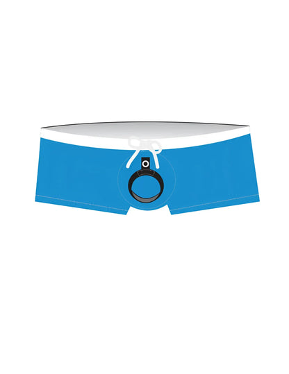 Teal square-cut swim trunks with a white waistband, drawstring, and an integrated black cock ring attachment.
