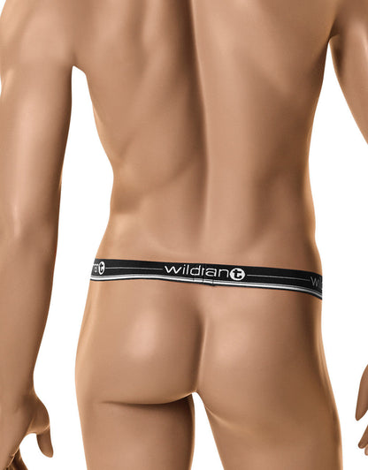 Back view of a male mannequin wearing a WildmanT black thong with a logo-branded white striped waistband.