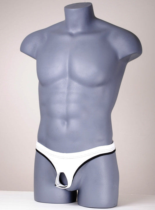 White WildmanT Ball Lifter Protruder 2 jockstrap with black trim on a gray mannequin torso.