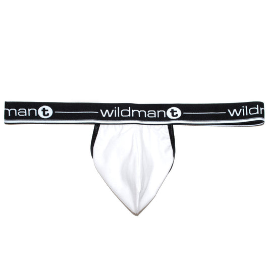White WildmanT Big Boy strapless jockstrap with a white pouch and a black waistband featuring white logo text.