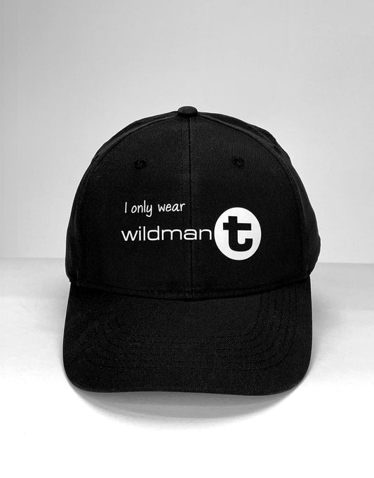 Black baseball cap with white embroidered i only wear wildmant text and circular t logo wildmant ball cap