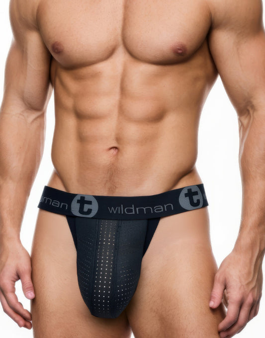 Black wildman wildmant big boy pouch rubber cotton jockstrap with perforated mesh and elastic waistband