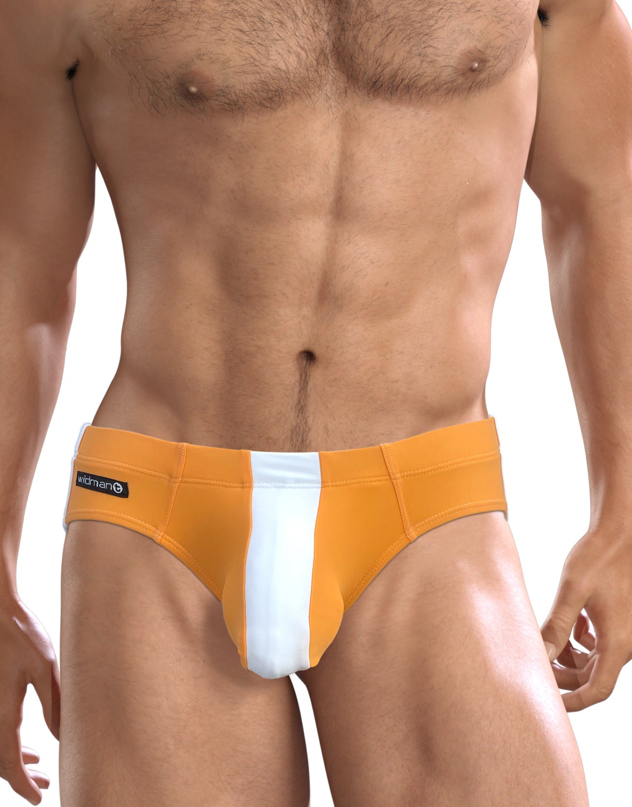 Wildmant big boy pouch swim brief in orange with white stripes and black brand tag on waistband for men