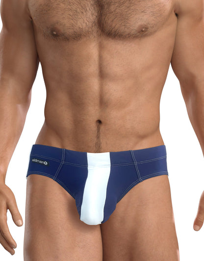Navy blue and white striped WildmanT Big Boy Pouch swim brief with branded waistband for men in royal blue