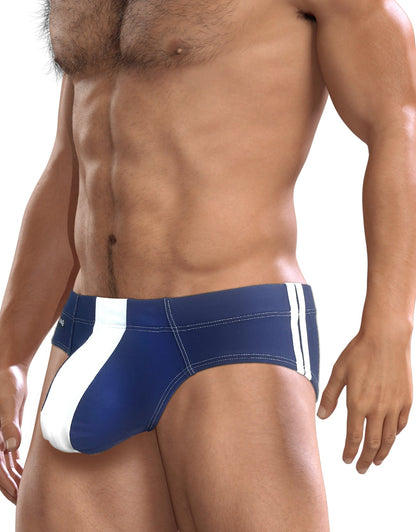 Wildmant big boy pouch swim brief royal blue featuring blue and white striped sleek athletic design