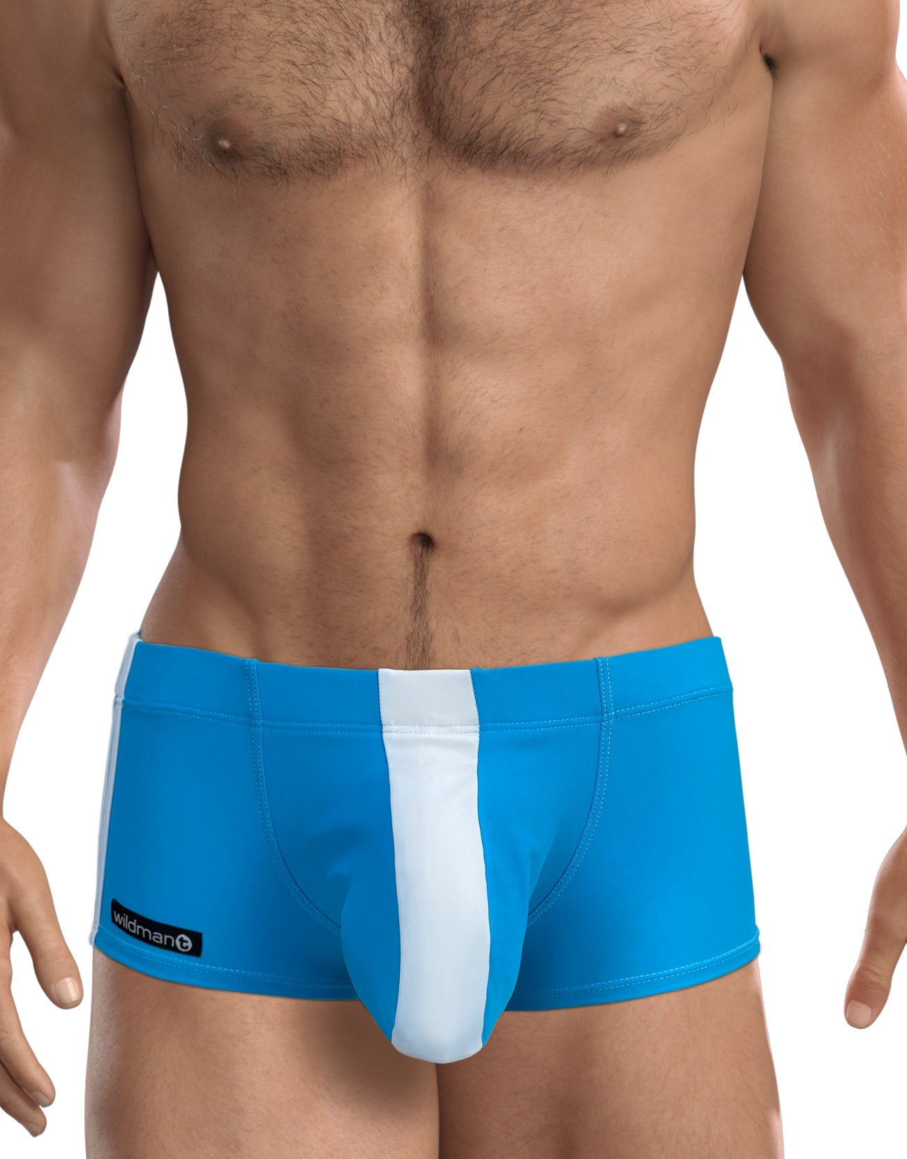 WildmanT big boy pouch swim square cut teal blue trunks with bold white stripe and black brand tag on left side