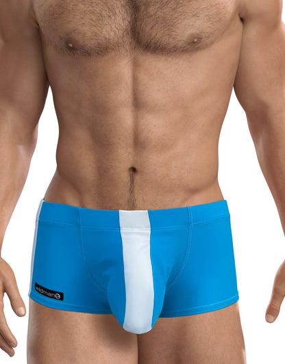 WildmanT big boy pouch swim square cut teal blue trunks with bold white stripe and black brand tag on left side