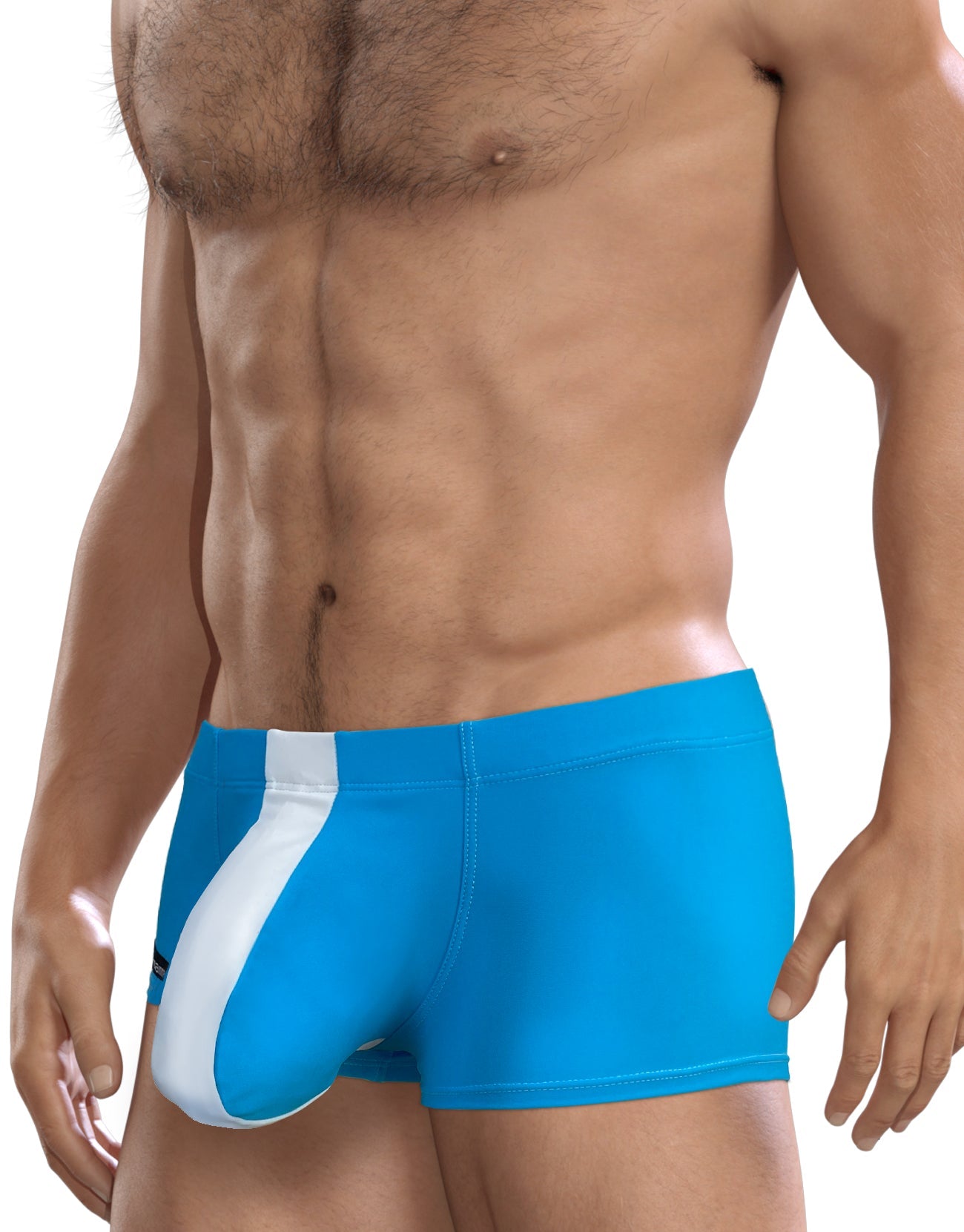 Wildmant big boy pouch swim square cut teal blue athletic briefs with bold white diagonal stripe for swimming
