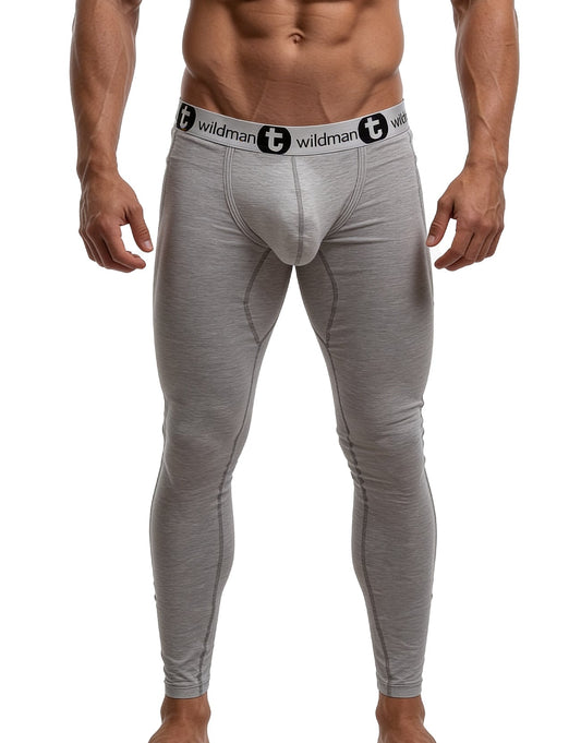Gray form-fitting cotton wildmant big boy pouch long johns with black and white branded waistband for athletic use