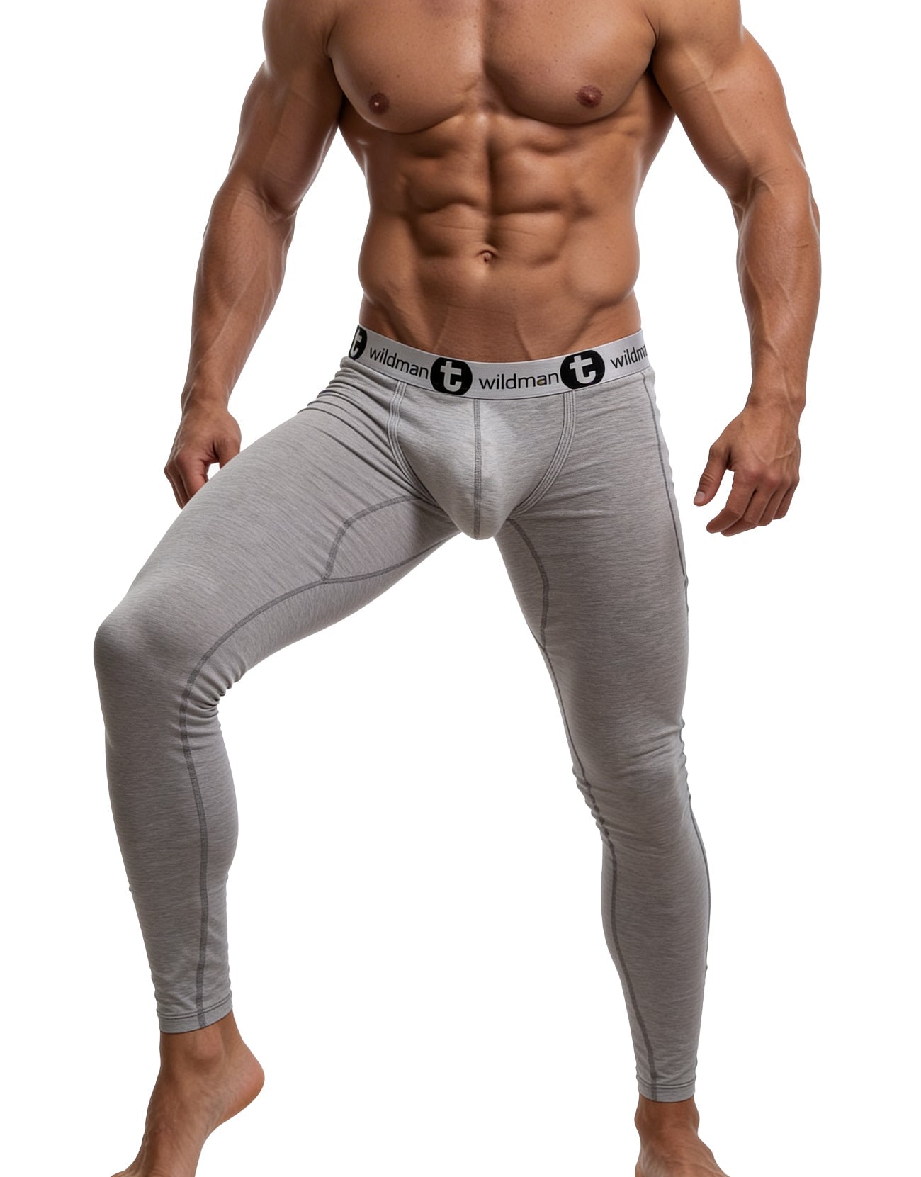 Gray wildman compression cotton tights with black waistband featuring wildman logo and stylized t emblem long johns