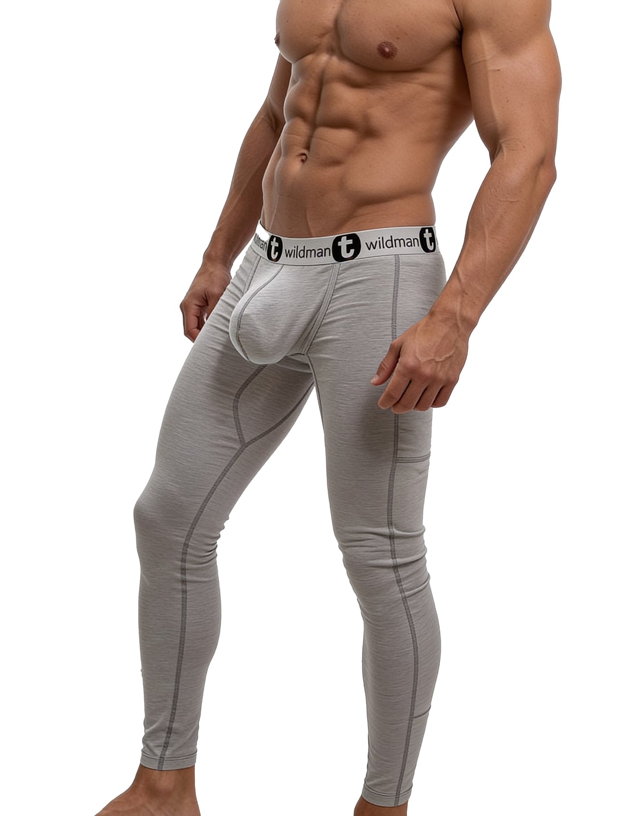 Gray form-fitting cotton long johns underwear with a supportive pouch and black wildman branding on the waistband