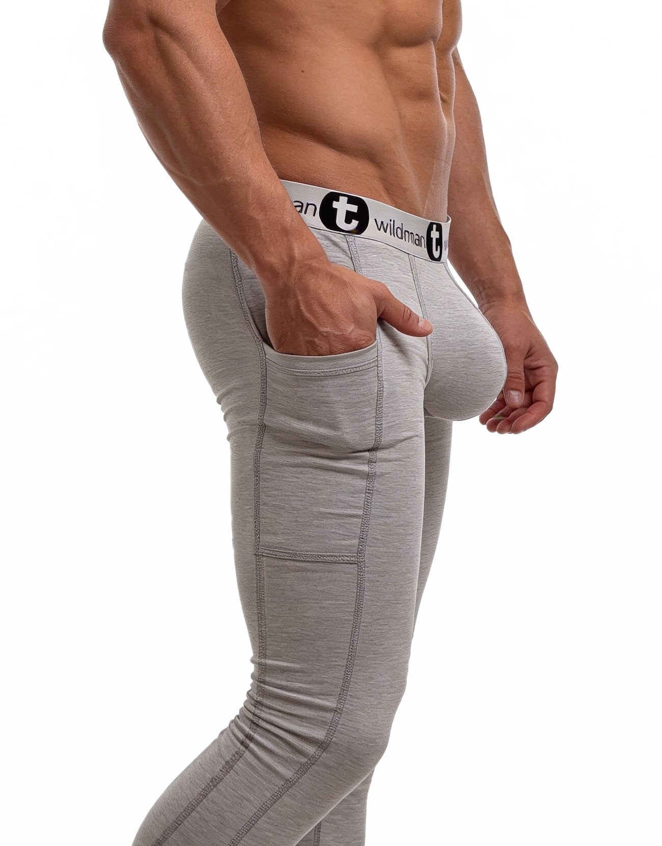 Gray cotton form-fitting wildman big boy pouch athletic underwear with white waistband long johns front view
