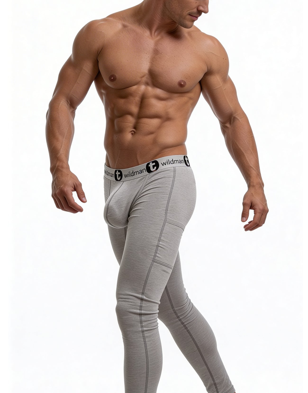 Gray form-fitting cotton wildman big boy pouch underwear long johns with white elastic waistband and wildman logo