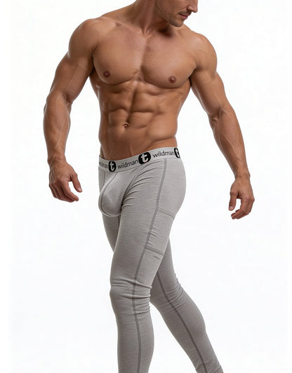 Gray form-fitting cotton wildman big boy pouch underwear long johns with white elastic waistband and wildman logo