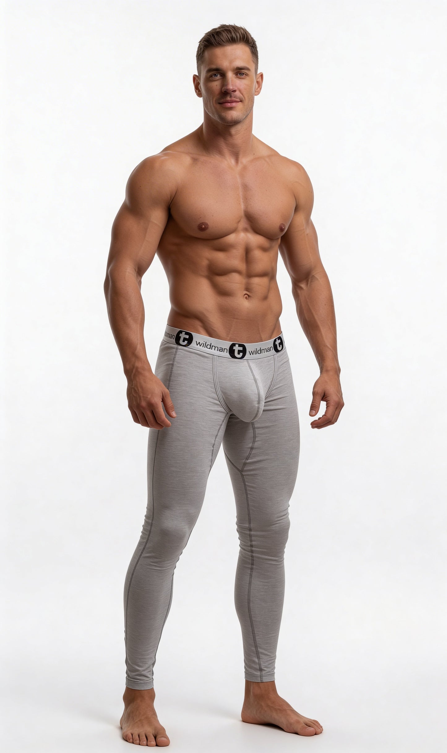 Gray form-fitting cotton long johns underwear for men with a black Wildman logo waistband and big boy pouch design