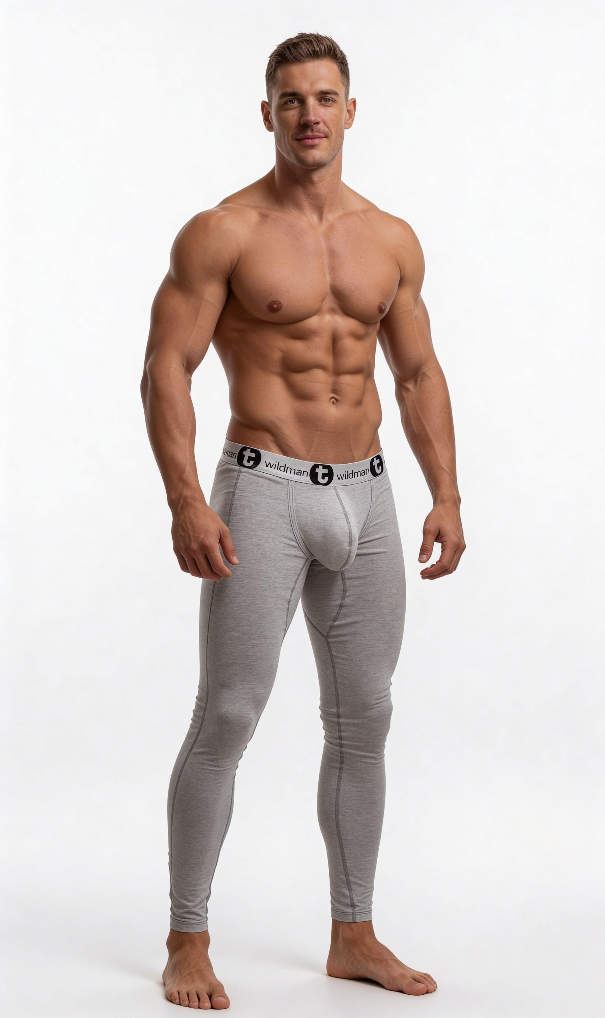 Gray form-fitting cotton long johns underwear for men with a black Wildman logo waistband and big boy pouch design