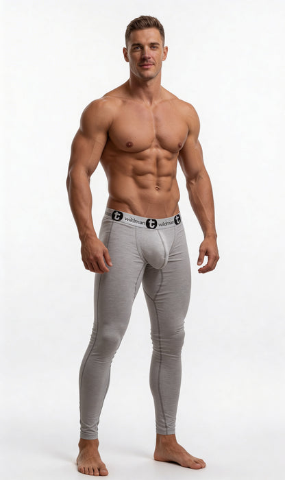 Gray form-fitting cotton long johns underwear for men with a black Wildman logo waistband and big boy pouch design