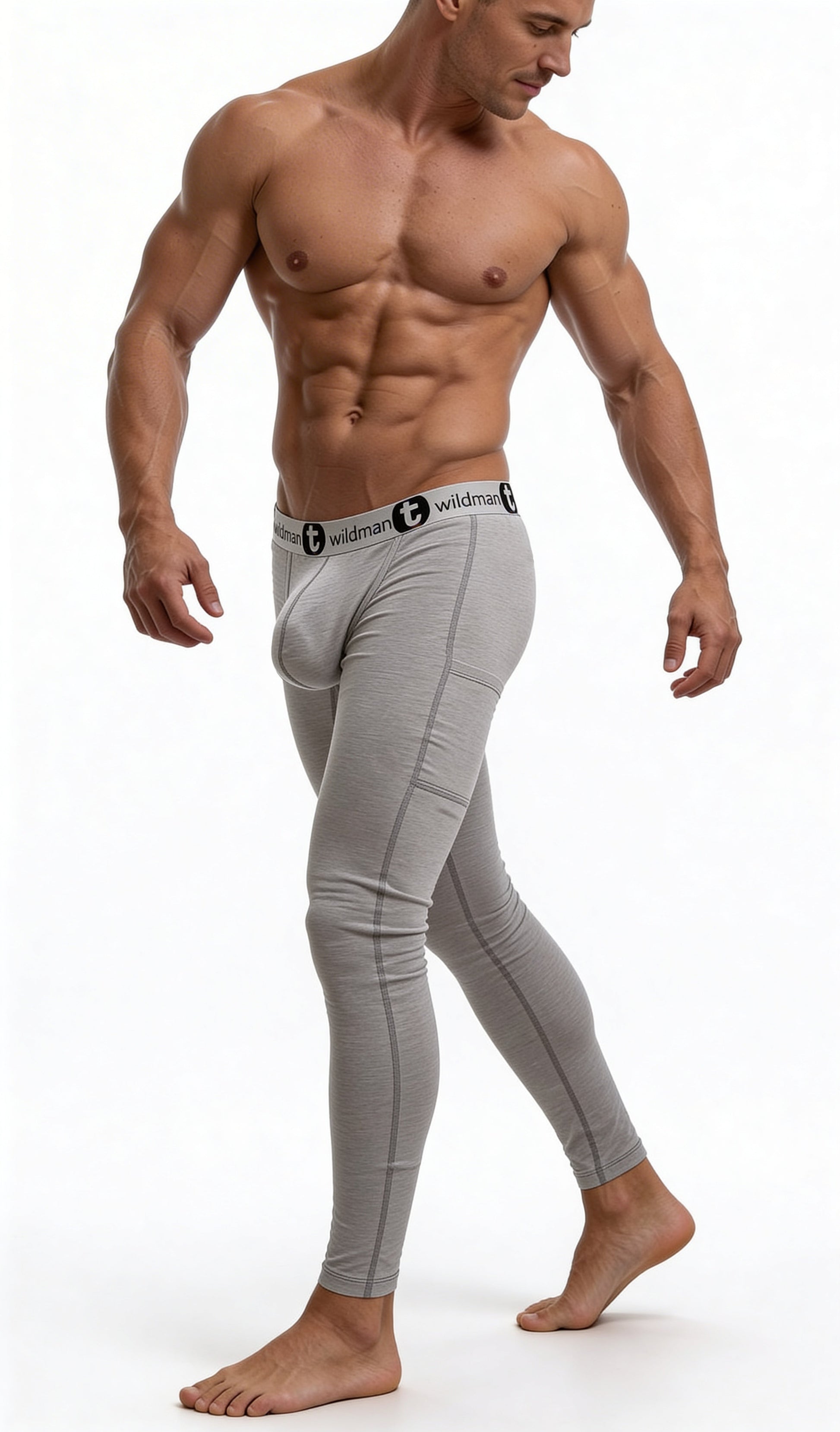 Gray form-fitting wildmant cotton big boy pouch compression tights with black and white branded waistband