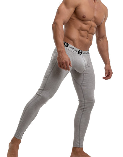 Gray form-fitting cotton wildman underwear long johns with white elastic waistband and big boy pouch design